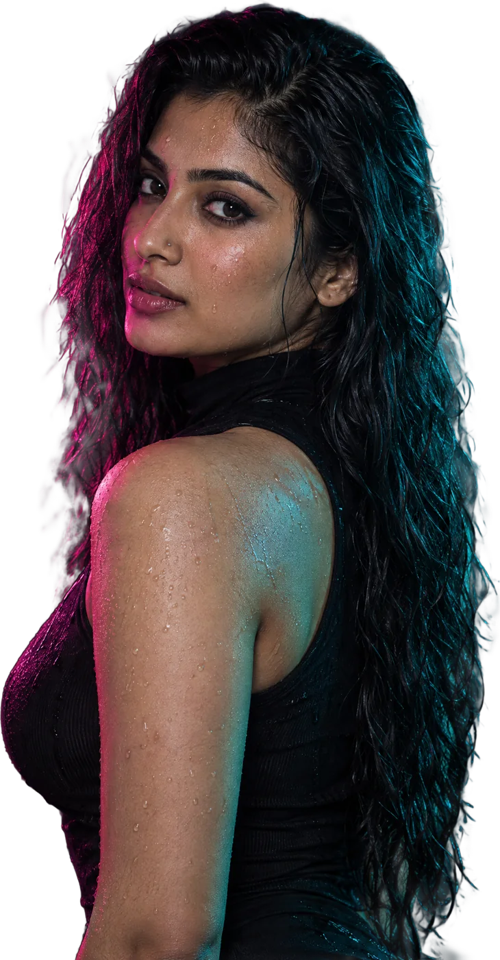 Studio glamour model portrait in colored light